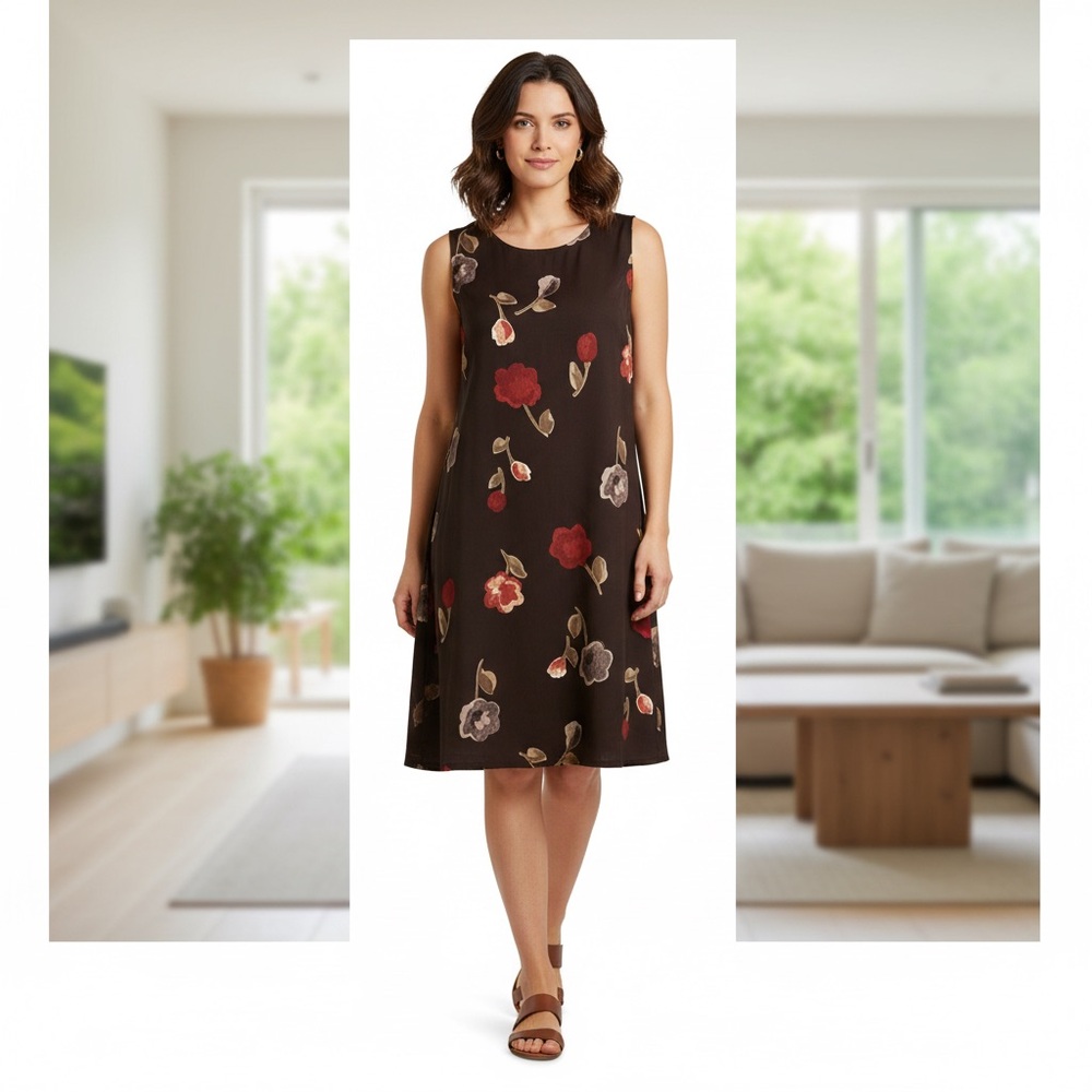 Metropolitan chocolate brown floral Dress sheath size 12 sleeveless red orange